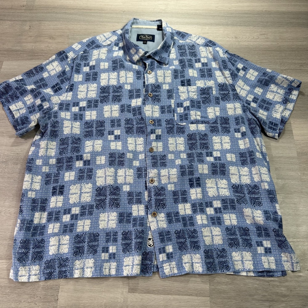 Nat Nast Shirt Mens 2XL Blue Geometric Short Sleeve Silk Button Up Casual